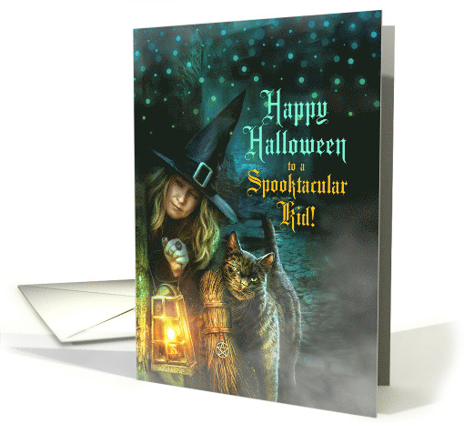 for Kids on Halloween Witch and Black Cat Creepy Night card (824957)