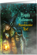 for Kids on Halloween Witch and Black Cat Creepy Night card