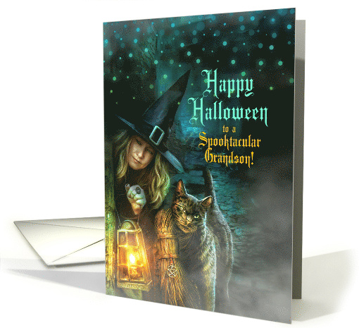 for Grandson Halloween Witch and Black Cat Spooky Night card (824960)