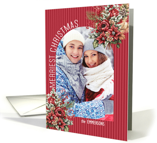 Christmas Poisettia and Berries with Red Stripes with Photo card