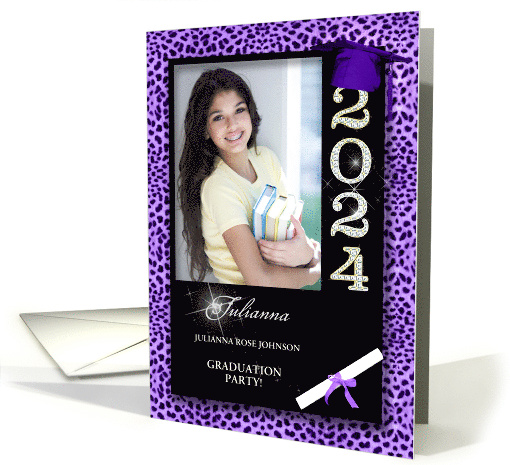 Purple Cheetah Print Class of 2024 Graduation Party Custom Photo card