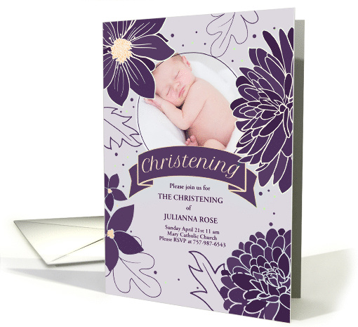 Christening Invitation Plum Botanicals with Photo card (853723)