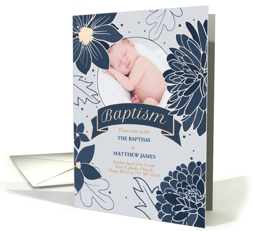 Baptism Invitation Bold Blue Botanicals with Photo card (853946)