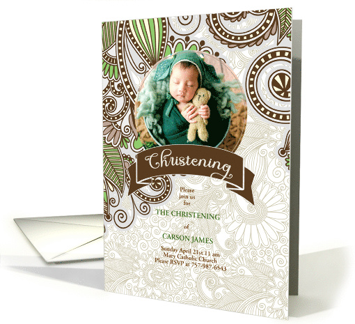 Christening Invitation Green and Brown Leafy Doodles with Photo card