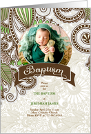 Baptism Invitation Green and Brown Leafy Doodles with Photo card