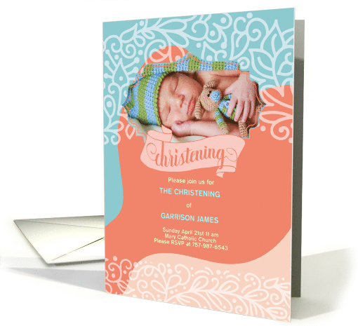 Christening Invitation Orange and Blue Swirls with Photo card (854028)