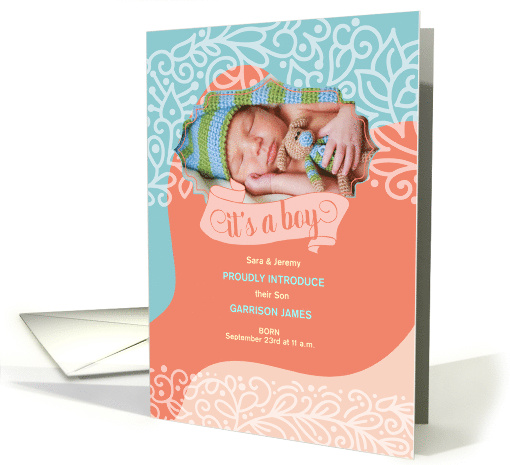 It's a Boy Birth Announcement Orange and Blue Swirls Photo card