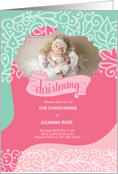 Christening Invitation Pink and Sea Green Swirls Custom Photo card