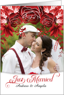 Just Married Announcement with Photo in Soft Red and Cream card