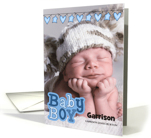 Blue Hearts and Stars Birth Announcement Vertical Baby's Photo card