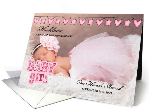 Pink Hearts and Stars Birth Announcement with Baby's Photo card