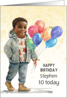 Boy’s Birthday with Custom Name and Age Brown Skin and Balloons card