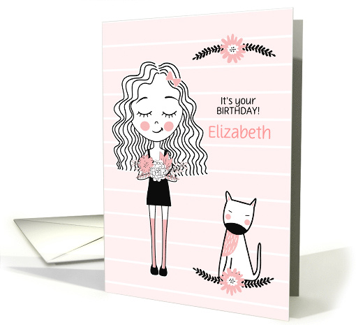 Girl's Birthday Custom Name in Cute Pink and Black with Dog card