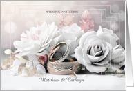 Wedding Invitation with Custom Front White Roses and Rings card