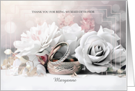 Maid of Honor Thank You White Roses and Rings Custom Name card