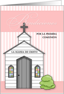 Spanish First Communion in Pink Stripes with Chapel card