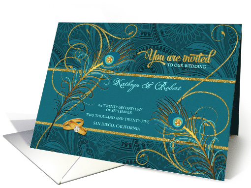 Peacock Wedding Invitation in Teal and Gold Custom card (907444)