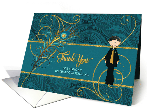 Usher Wedding Thank You Peacock in Teal and Gold card (908050)