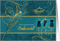 Chief Bridesmaid Request Peacock in Teal and Gold card