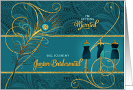 Junior Bridesmaid Request Peacock in Teal and Gold card