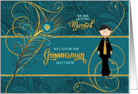 Groomsman Request Peacock in Teal and Gold Custom Name card