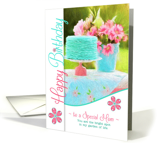 For Mom's Birthday on Mother's Day Cake and Flowers Garden card