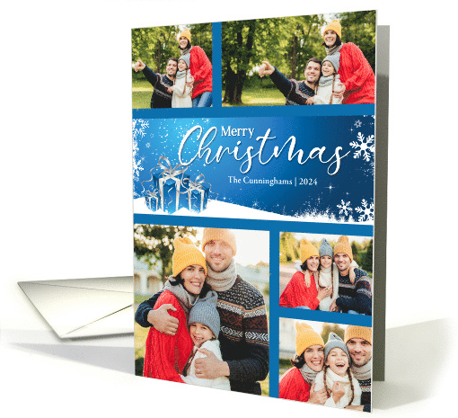 Merry Christmas Blue and White Custom 5 Photo Holiday card (928725)