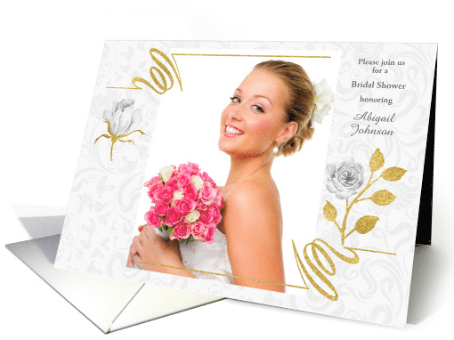 Bridal Shower Invitation White Roses and Faux Gold Glitter Photo card