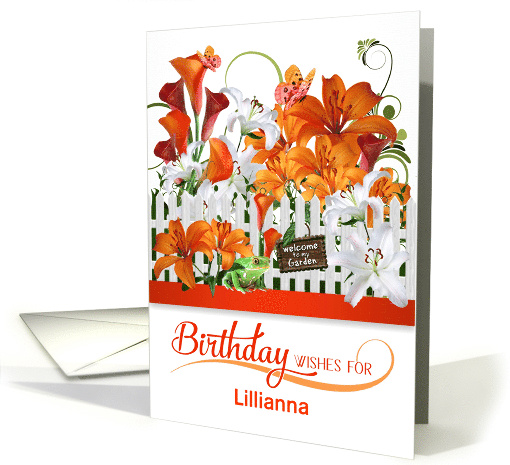 Custom Birthday Lily Garden with Butterflies and a Frog card (936123)