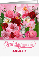 Custom Birthday Rose Garden with Butterflies and Tabby Cat card