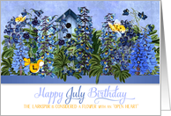 July Birthday Larkspur Garden with Butterflies and Birdhouse card