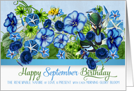 September Birthday Morning Glory with Green Cochoa birds card