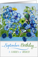 September Birthday Morning Glory with Green Cochoa birds card