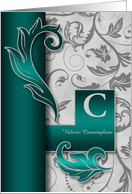 Monogrammed C Custom Silver Damask with Teal Blank card