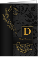 Letter D Monogrammed Black Damask with Golden Accents Blank card