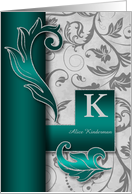 Monogrammed K Custom Silver Damask with Teal Blank card