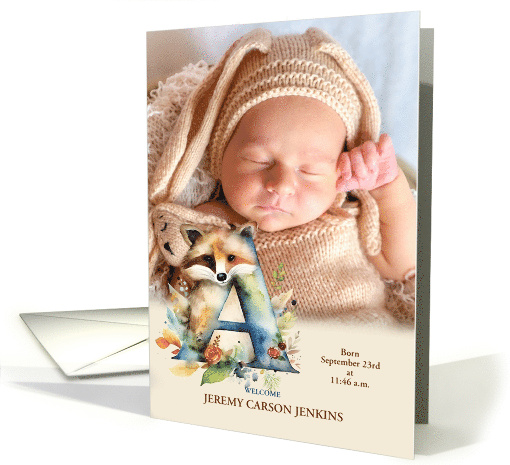 Letter A Birth Announcement Woodland Boho with Baby's Photo card