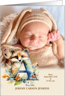 Letter A Birth Announcement Woodland Boho with Baby’s Photo card