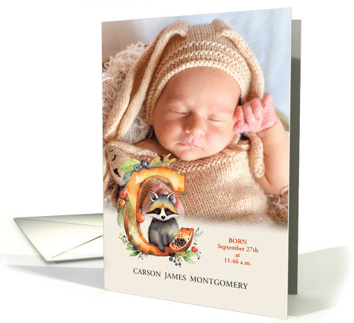 Letter C Birth Announcement Woodland Boho with Baby Photo card