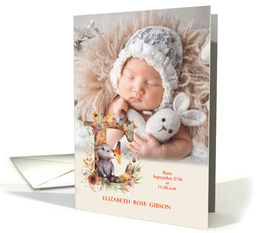 Letter E Birth Announcement Woodland Creature with Photo card (940399)