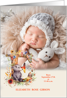 Letter E Birth Announcement Woodland Creature with Photo card