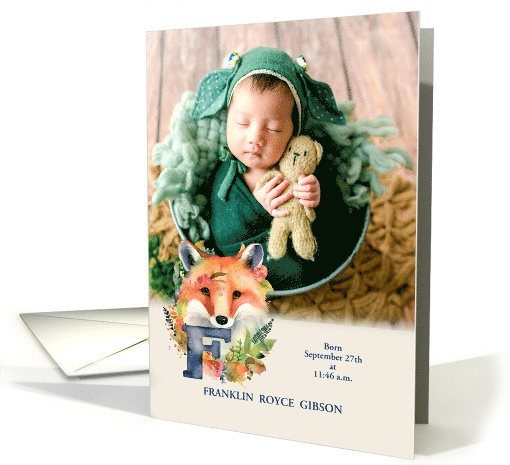 Letter F Birth Announcement Woodland Fox with Baby's Photo card