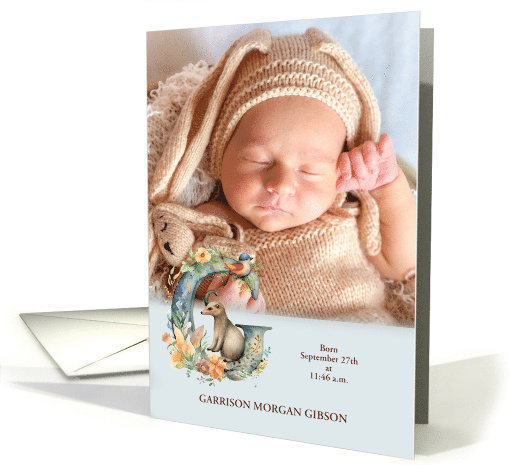 Letter G Birth Announcement Woodland Animals Custom Photo card