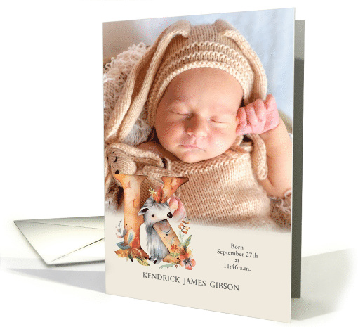 Letter K Birth Announcement Woodland Creatures with Photo card