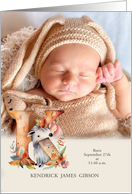 Letter K Birth Announcement Woodland Creatures with Photo card