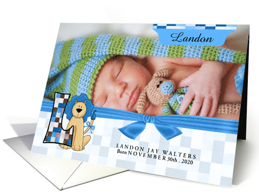 L for Lion Blue Birth Announcement with Boy's Photo card (940956)