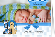 L for Lion Blue Birth Announcement with Boy’s Photo card