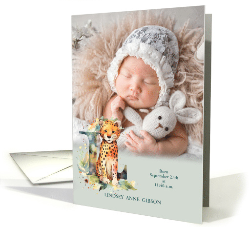 Letter L Birth Announcement Wildlife Theme with Custom Photo card