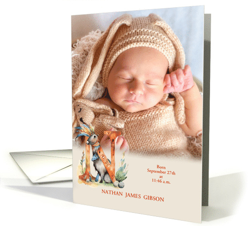 Letter N Birth Announcement Woodland Boho Theme with Photo card