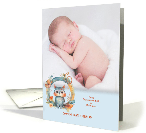 Letterr O Birth Announcement Woodland Owl Custom Photo card (941608)